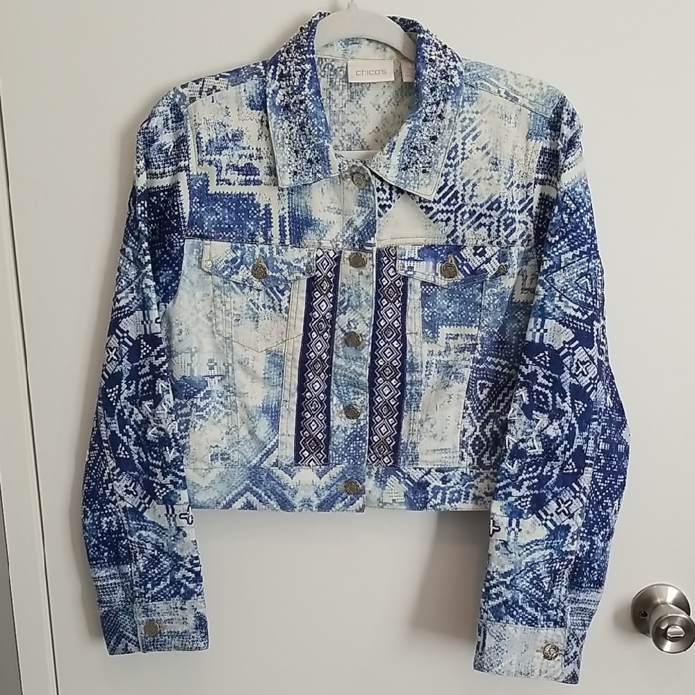 Chico's Blue and White Denim Style Sequined Cropped Jacket